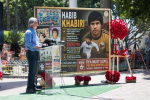 Los Angeles, June 10, 2026–Former footballer Shahram Homayounfar speaking at a conference organized by the US Office of the National Council of Resistance of Iran to urge FIFA to expel Iran’s regime due to IRGC interference in sports & suppression of athletes.