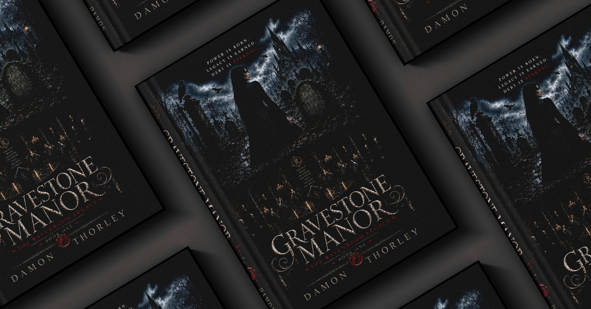 Mockup of Damon Thorley’s gothic crime novel Gravestone Manor, showing multiple copies of the book arranged on a dark surface. The cover features a woman standing in a moonlit cemetery beneath a stormy sky, with ravens flying overhead and a gothic manor s