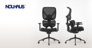 Front and side view of the black NOUHAUS Ergo Morph ergonomic office chair, highlighting its breathable mesh back, dynamic lumbar support, and wheeled base.