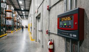 A warehouse interior with stacked shelves, a fire alarm panel, and extinguisher on a concrete wall. A person walks down the aisle. Industrial vibe.