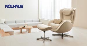 NOUHAUS Nou Campo modern beige massage lounge chair with matching ottoman, placed in a bright and minimalist living room setting.