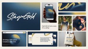 A multi-platform brand asset collage for StayGold, featuring an expressive white script logo against textured navy and gold gradients. It includes smartphone and web design mockups highlighting the copy "Strategy with spine. Creative with soul," alongside