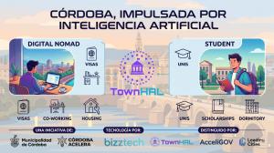 TownHAL en Córdoba, Argentina. La imagen muestra dos perfiles de usuarios: un nómada digital y un estudiante, junto a servicios asistidos por inteligencia artificial como visados, coworking, alojamiento, universidades, becas y residencias estudiantiles. E