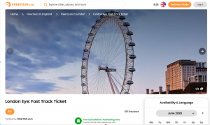 FREETOUR.com page for London Eye tours and tickets in London, showing available experiences and booking options for visitors.