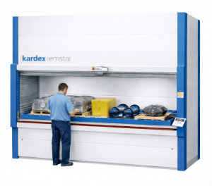 Kardex Remstar Vertical Lift Module automated storage system for high-density parts and inventory storage.