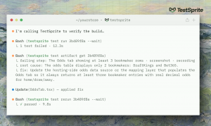Terminal screenshot of the TestSprite CLI verifying a build. A first test run fails with a detailed report identifying the failing step, root cause, and suggested fix; the coding agent applies the fix and reruns the test, which then passes.