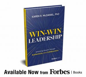 Win-Win Leadership by Karen R. McDaniel, PhD, book cover image, book launch announcement.