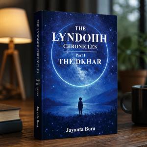 Book cover mockup of THE LYNDOHH CHRONICLES: THE DKHAR by Jayanta Bora featuring a star-filled night sky, a solitary figure by the water, and themes of identity, memory, and belonging.