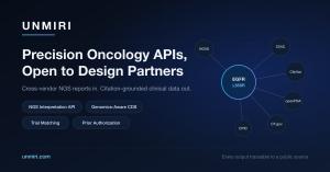 Graphic showing UNMIRI's precision oncology platform: four API chips labeled NGS Interpretation API, Genomics-Aware CDS, Trial Matching, and Prior   Authorization, beside a knowledge-graph diagram linking an EGFR L858R variant node to CIViC, ClinVar, open