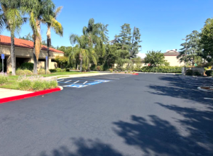 A freshly paved commercial parking lot with bright blue accessible parking markings and red curbing.