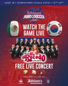 Official event flyer for "Adriana’s Puro Soccer Fest," a free community festival taking place on June 18 from 12:00 PM to 10:00 PM in Downtown Chula Vista. The flyer highlights a live broadcast viewing of the international soccer match between Mexico and