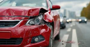 Close-up view of a red car after an accident on a busy road during cloudy weather