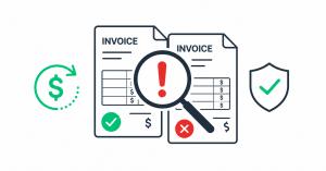 Two overlapping carrier invoices with magnifying glass flagging a duplicate, checkmark on verified invoice, representing ClearLane AP audit duplicate detection