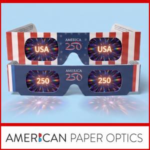 American Paper Optics’ “American Eyes” 3D lenses with specialized ‘USA’ and ‘250’ using proprietary holographic effects.