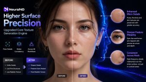 A comparison showcasing Neural4D's upgraded AI texture generation engine with enhanced micro-details and sharper surface precision on a human face mesh.