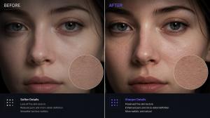 Close-up face comparison between softer details with lost micro-textures and sharper details with enhanced pore definition in Neural4D Studio.