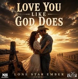 Love You Like God Does by Lone Star Ember Album Cover Art image of a cowboy embracing his woman on a country road with a heavenly light shining from above