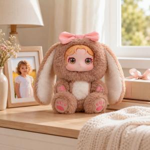 Custom plush doll from photo by SnapFig on a nightstand next to a framed family photo and a gift box, shown as a personalized keepsake gift.