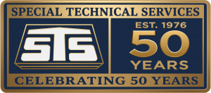 A rectangular 50th-anniversary commemorative logo for Special Technical Services. The design features a deep blue background with a metallic gold border, the white and gold "STS" company emblem on the left, and "Est. 1976 / 50 Years" in bold gold letterin