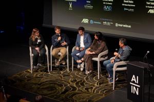 Five panelists seated on stage during the Where the Money Is panel at AI Insiders: Cybersecurity, with AIR, Permiso, Silicon Valley Bank, and Marvelous partner logos on screen behind them.