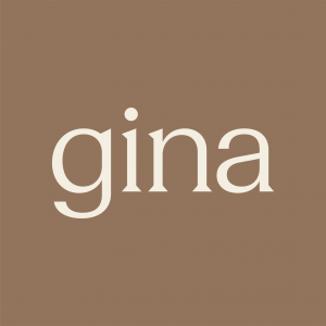 A modern, minimalist icon on a cream square background, featuring stylized olive-green lowercase text that spells "gina" with a small leaf accent above the "i".