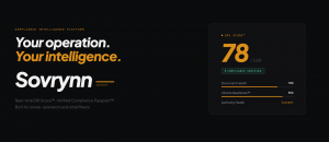 Sovrynn compliance intelligence platform dashboard showing a DRI Score of 78 out of 100 with Document Health, Vehicle Readiness, and Authority Health breakdown for an independent trucking owner-operator.