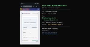 Z-Text live on-chain message on the BitcoinZ blockchain explorer, showing a shielded transaction with 58 confirmations and a 0.00003 dollar fee, verifiable on-chain.