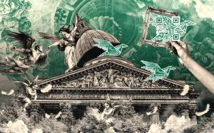 Z-Text artwork: a neoclassical Pantheon with circuit-pattern doves and a QR code, symbolizing private blockchain messaging built on BitcoinZ.