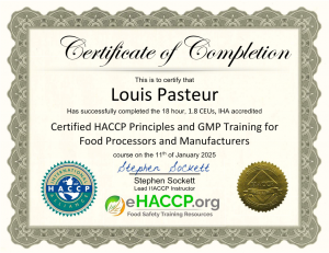 HACCP Certificate of Completion for Food Safety