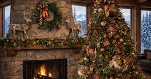 Luxury holiday living room with custom decorated Christmas tree, stone fireplace mantel, garland, and mountain views — Nature's Wonder collection by Durango Holiday Home, Durango, Colorado.