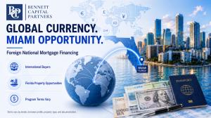 Foreign national mortgage financing graphic showing global currency, a globe, Florida map with a Miami pin, passport, international currency, and the Miami skyline.
