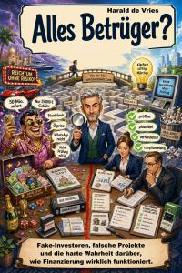 Illustratives Buchcover zu „Alles Betrüger?“ von Harald de Vries mit Fake-Investor, Finanzierungsprofi, Businessplan, Term Sheet, Due-Diligence-Unterlagen und Compliance-Checkliste.