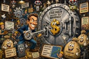 Detailreiche Cartoon-Illustration einer Finanzfabrik mit großem Tresor, Schlüssel „Fakten“, Geldsäcken, Cashflow-Symbolen, Planungstafeln und Aussagen zu Wahrheit, Wissen, Risiko und Vermögensaufbau.