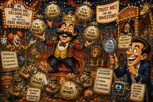 Detailreiche Cartoon-Illustration eines Fake-Investoren-Zirkus mit Geldsäcken, Versprechungen, Täuschungsbude, prüfenden Detektiven und Unternehmer mit Lupe für Logik, Prüfung und klare Entscheidung.