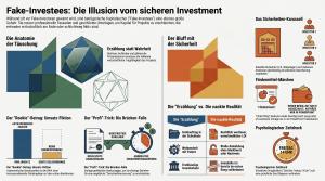 Infografik zu Fake-Investees: Darstellung von Investment-Täuschungen durch geschönte Unterlagen, erfundene Umsätze, gefälschte Bankzusagen, überbewertete Sicherheiten, Fördermittel-Märchen und Zeitdruck.