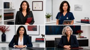 Four-panel editorial grid showing professional women in office settings: an attorney in a charcoal suit holding a red folder, a nurse practitioner in navy scrubs holding a tablet, a financial advisor seated at a glass desk, and an executive seated in a bo