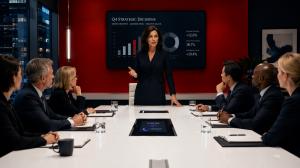 Midlife woman executive in a navy suit stands at the head of a white conference table, gesturing during a boardroom meeting. Colleagues sit around the table listening attentively. A screen behind her shows strategic business metrics, and a tablet on the t