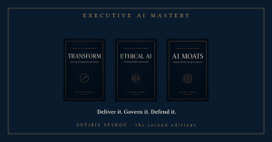 Three book covers of the Executive AI Mastery series by Sotiris Spyrou - TRANSFORM, Ethical AI, and AI Moats - on a navy background.