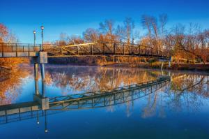 Downtown Cramerton pedestrian bridge to Goat Island