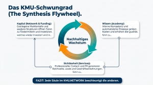 Schaubild zum KMU-Schwungrad von KMU.NETWORK: Kapitalzugang, Wissen, Sichtbarkeit, Content, PR, Leads und Geschäfts­anbahnung verstärken sich gegenseitig und führen zu nachhaltigem Wachstum.