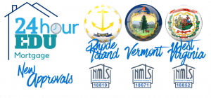 Image shows state flag and NMLS approval numbers for 24hourEDU RI, VT, & WV