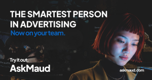 Headline text in white introducing Ask Maud, overlaid on image of a person looking at a screen