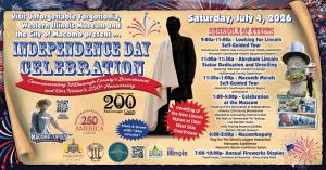 Promotional poster for Macomb, Illinois' Independence Day Celebration on July 4, 2026. The event commemorates McDonough County's Bicentennial and America's 250th anniversary with a Lincoln statue unveiling, self-guided Lincoln and mural tours, museum acti