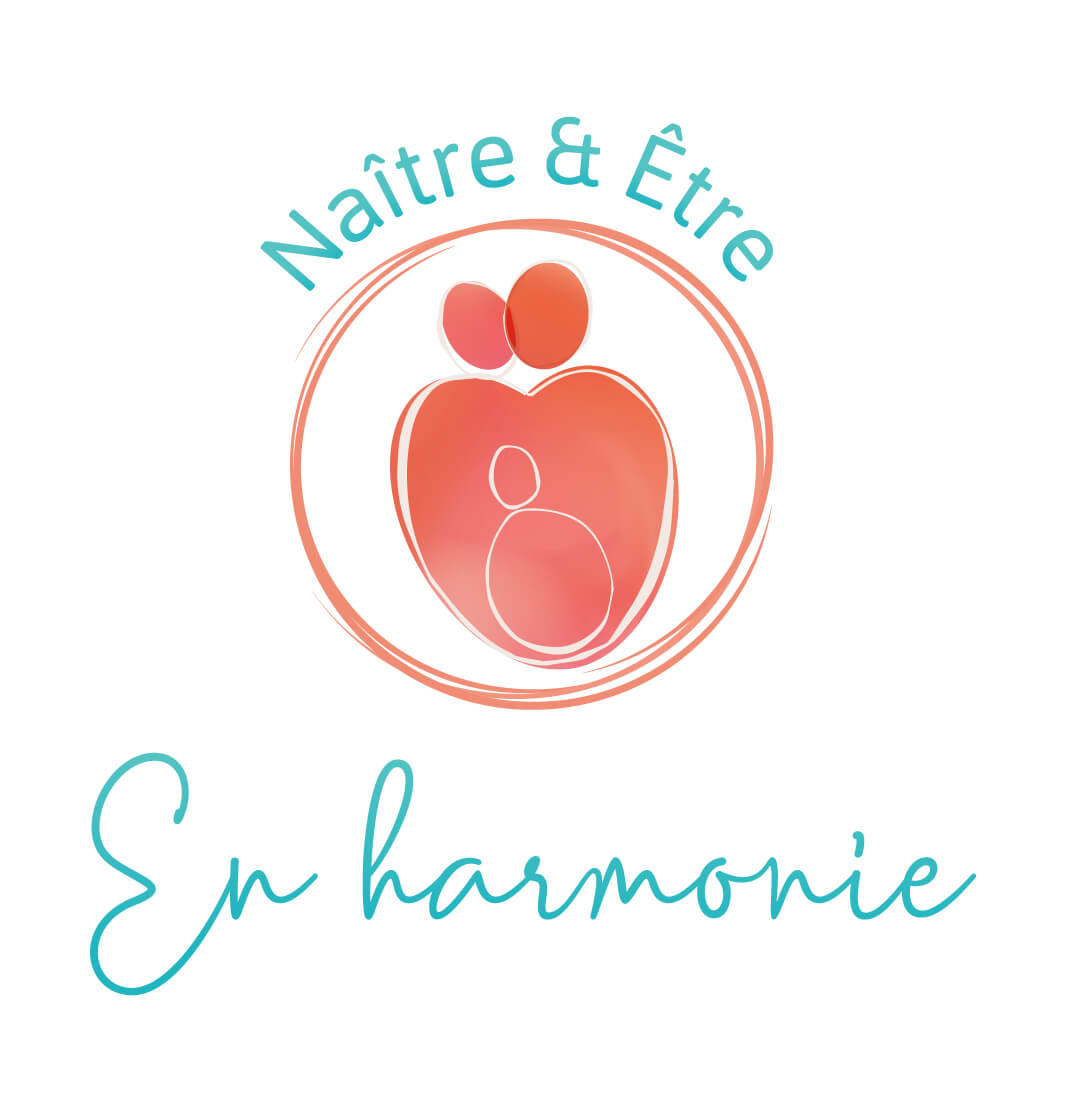 Logo de Naître & Être En harmonie, pratique périnatale de Justine Collard — une silhouette parent-enfant inscrite dans un cercle corail, avec la signature en typographie cursive turquoise.