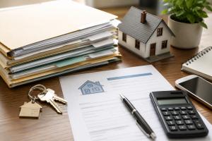 Real estate and mortgage documents organized on a desk with house keys, folders, a calculator, and a smartphone, illustrating the document collection and review process for homeowners seeking a loan modification or foreclosure-prevention assistance.