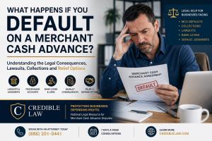Business owner reviewing Merchant Cash Advance default consequences, including MCA lawsuits, frozen bank accounts, bank levies, default judgments, and debt relief options.