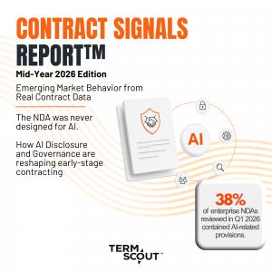 Report cover featuring a contract document, AI governance icons, and a key finding that 38% of enterprise NDAs reviewed in Q1 2026 contained AI-related provisions.
