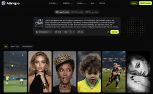 AI Inspo AI video generation platform interface with image-to-video tool and sample AI-generated images displayed in a grid.