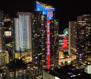 The World's Tallest Team USA Skyscraper Soccer Salute Illuminates the 700-foot-tall Miami Worldcenter Tower during the FIFA World Cup 2026 Tournament. (Credit: Bryan Glazer | World Satellite Television News)