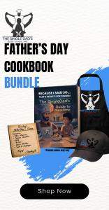 Vertical Father's Day Cookbook Bundle graphic showing The Single Dad's Guide to Meal Time logo, the cookbook cover, a handwritten recipe card, a black apron, and a black cap with a Shop Now button below.